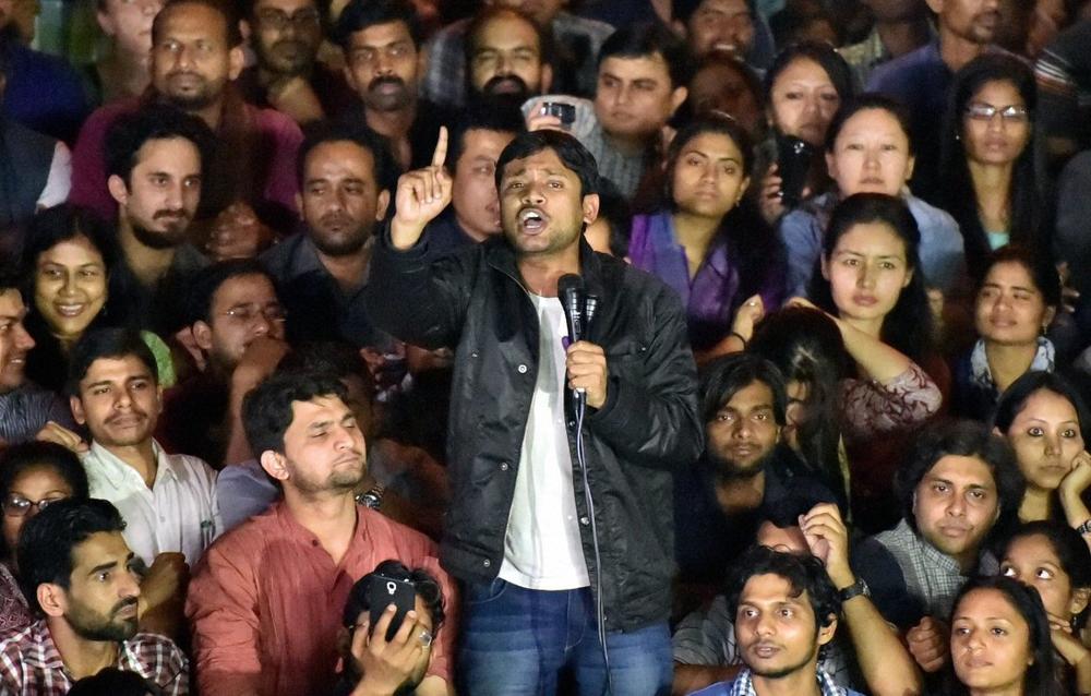 JNUSU President Kanhaiya Kumar addresses students after reaching the JNU campus upon his release on bail, in New Delhi